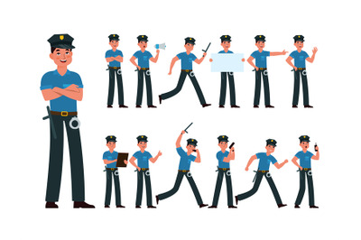 Policeman. American cop in uniform at different poses, writing fine, r