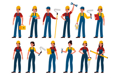 Builders. Men and women professional contractors, technician with tool