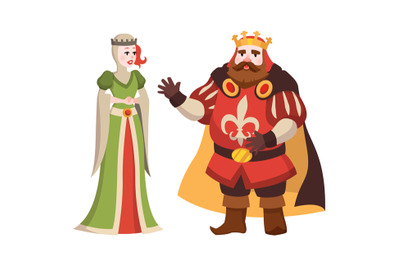 Cartoon king and queen. Fairy tales characters in crown and royal clot