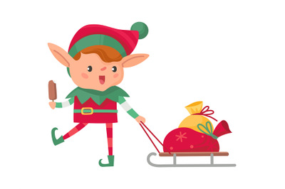 Christmas elf with gift. Santa Claus cute fantasy helper carrying gift