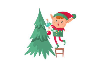 Elf decorates Christmas tree. Santa Claus cute fantasy helper, adorabl