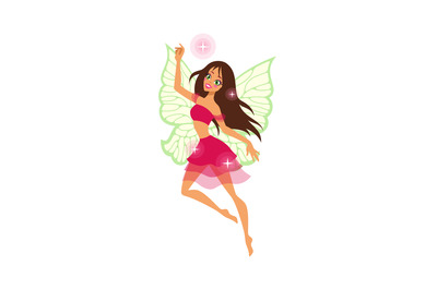 Magical cute fairy. Cartoon female character with butterfly wings flyi