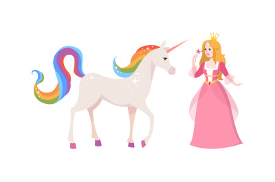 Princess and fairy unicorn. Cute cartoon female character in pink dres