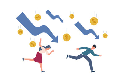 Finance crisis concept. Running depressed people falling arrows and co