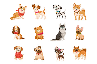 Funny dogs. Cute cartoon puppies different dog breeds set, corgi and h