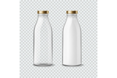 Milk bottle. Realistic empty and full bottles for liquids&2C; closed pack