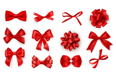 Realistic bow set. Red silk ribbons with bows festive decor satin rose