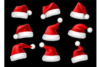 Santa claus hats. Realistic christmas holiday red caps&2C; winter holiday