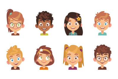 Cartoon children avatars. Joyful preschool smiling multiethnic kids, p