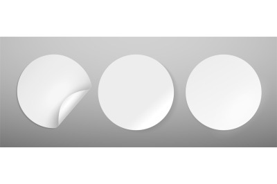 Round stickers mockup. Adhesive white blank circle labels with curved