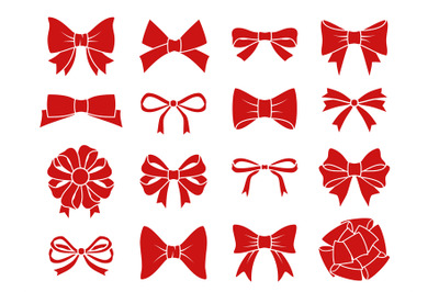 Decorative bow set. Red gift bows silhouettes&2C; satin ribbons for prese