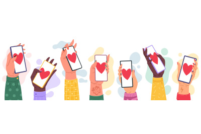 Sharing love hands with phones. Dating apps with hearts display, partn