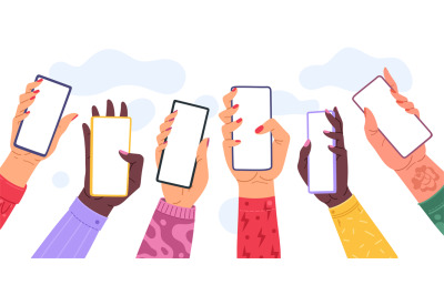 Hands holding phones with empty screens. Cartoon flat color hand with