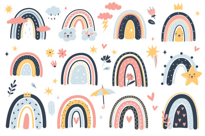 Cute weather elements. Childish boho rainbows and clouds&2C; doodle carto