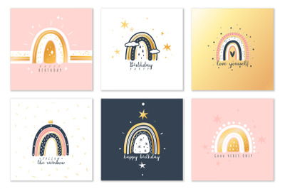 Boho rainbows cards. Cute modern rainbow square golden greeting cards