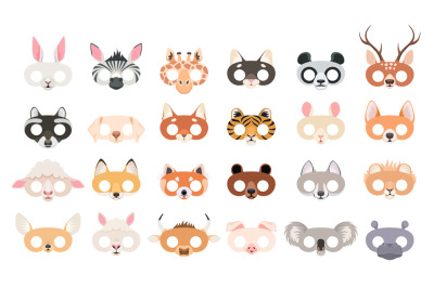 Animal mask set. Photo booth props of beasts face masks, wild and dome