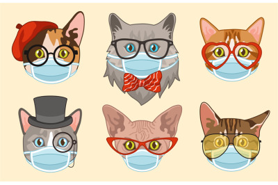 Cat in face mask. Cute heads cats muzzles in medical masks&2C; happy pets