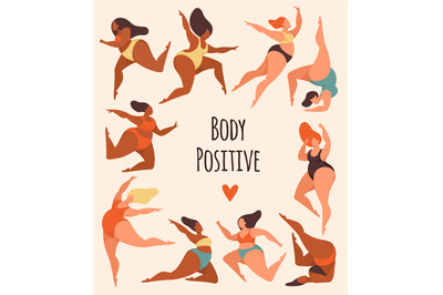 Body positive. Happy overweight women in swimsuits activity poses, cha