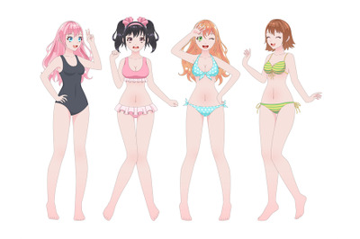 Anime manga girls in bikini. Comic japanese style beautiful smiling yo