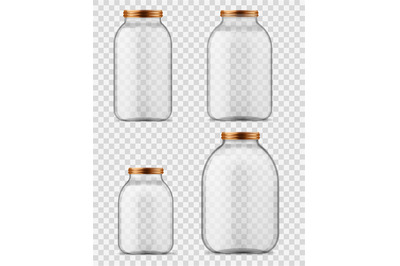 Glass jars. Empty transparent containers with reflection for homemade