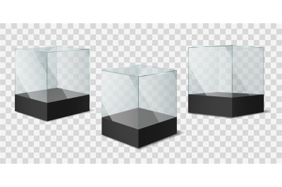 Glass Cube. Transparent shiny cubes on black pedestal&2C; empty showcases