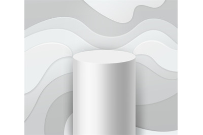 White podium. Abstract geometric cylinder shape paper and textured wav