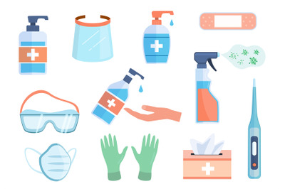 Ppe icons. Hand sanitizer bottles, antiseptic wipes and antibacterial