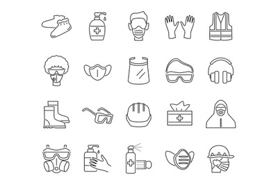 Ppe line icons. Protection equipments&2C; masks and goggles&2C; doctor gown&2C;