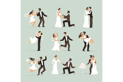 Bride and groom. Wedding couple in various poses jump, dance and kiss,