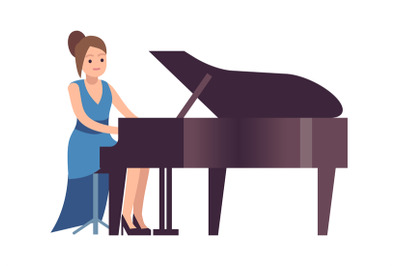 Pianist woman. Classical female musician character in blue dress with