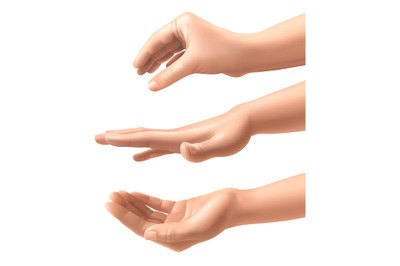 Realistic hands. Woman various gestures hand holding, extrusion and pr