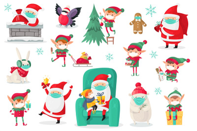 Cartoon christmas characters wearing medical masks. Santa, elves and a