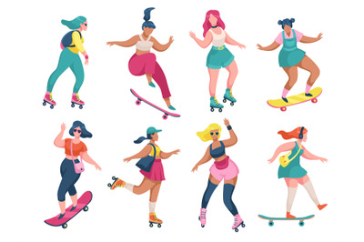 Roller skating girls. Young women roller skates and skateboards, rolle