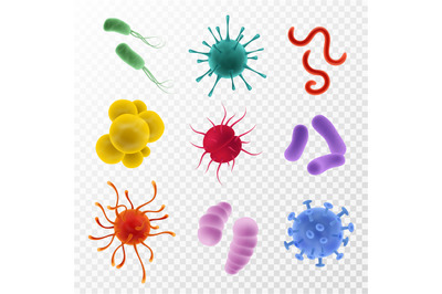 Realistic viruses. Types and microorganism colorful shapes. Bacteria,