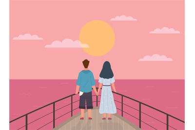 Couple and sunset. Happy man and woman on date watch sun on ship, pair