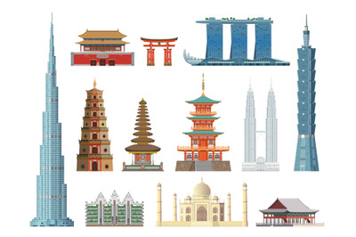 Asian landmarks. Flat color historical city buildings and construction