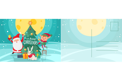 Merry Christmas card. New Year postcard with happy Santa Claus, elf an