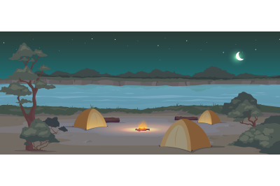 Campground at night flat color vector illustration