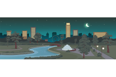 Urban park at night flat color vector illustration