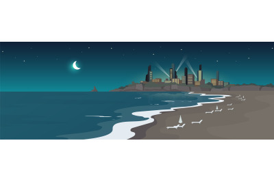 Sandy urban beach at night flat color vector illustration