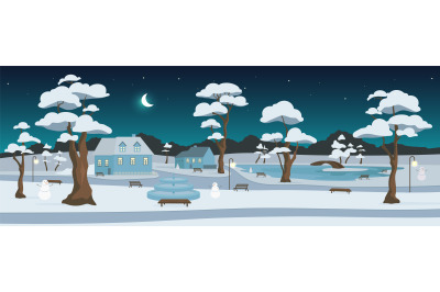 Winter park at night flat color vector illustration
