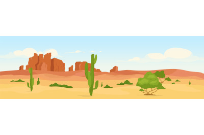 Western dry desert at day time flat color vector illustration