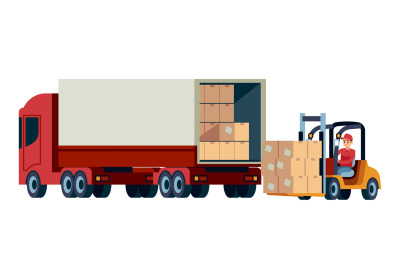 Loader unloads cargo from truck. Delivery service and moving concept.