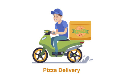 Pizza delivery. Guy on moped fast courier man with box order or parcel