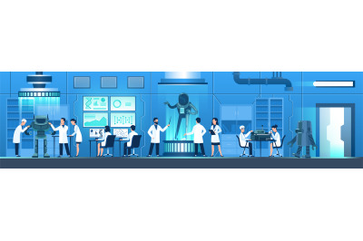 Science researching lab. People in white uniform create robot, researc