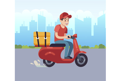 Scooter with delivery man. Fast courier, motorcycle driver to client.