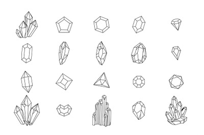 Set of geometric crystals. Black and white line crystals and hand draw