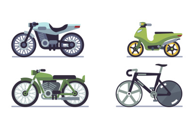 Set of vehicles. Motorcycles of different models, bicycle and motor sc