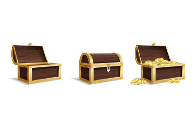 Three large chests. Empty closed chest pile of bright golden coins ins