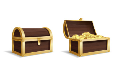 Two large chests. Open, closed chest, pile of gold coins inside vintag